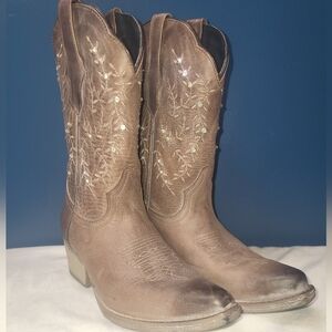 Sterling River Women's Floral Leather Cowboy Boots Size 7 Taupe Brown Rhinestone